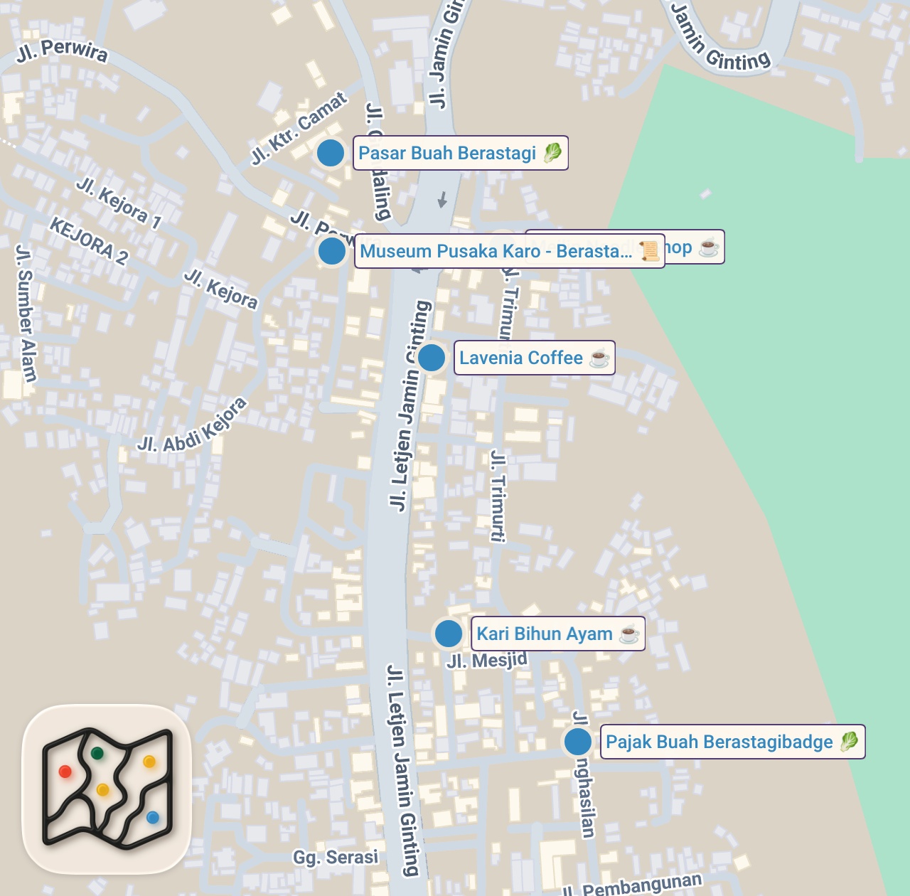 Map preview for Indonesian street food in BRASTAGI - Karo BBQ + INSANE noodles + Crazy traditional market