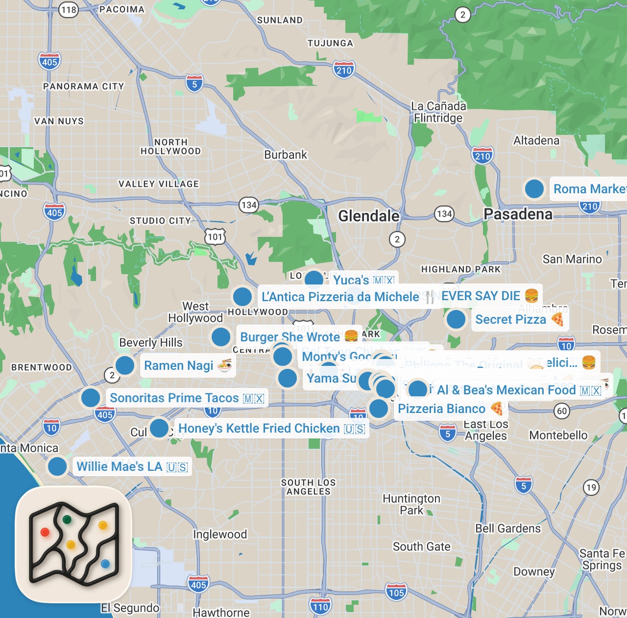 Map preview for Finding The Best Food In Los Angeles | Food Tours Season 8 Marathon | Including Bloopers