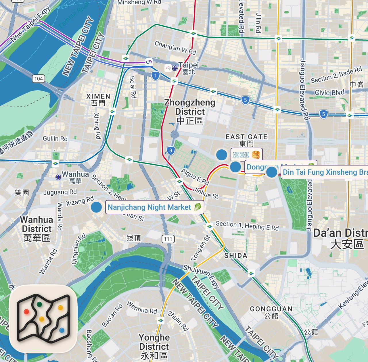 Map preview for 14 Hour NONSTOP Eating Taiwanese Street Food in Taipei - DIN TAI FUNG + SPICY STINKY TOFU CHALLENGE