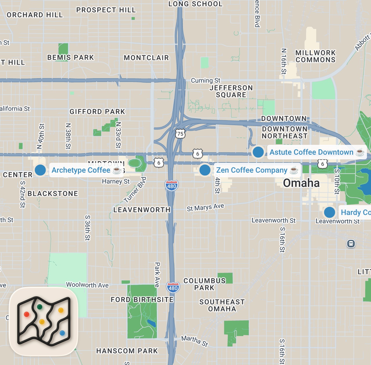 Map preview for Best Coffee in Omaha, Nebraska