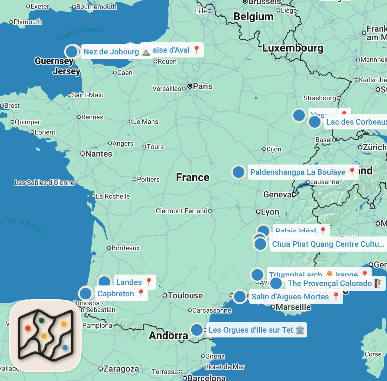 Map preview for 10 lieux pour faire le TOUR DU MONDE en restant en FRANCE !