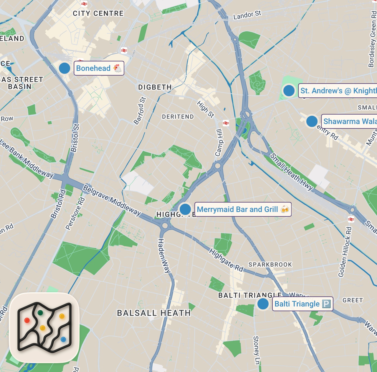 Map of 5 spots from THE FOOD IN BIRMINGHAM IS ACTUALLY INSANE