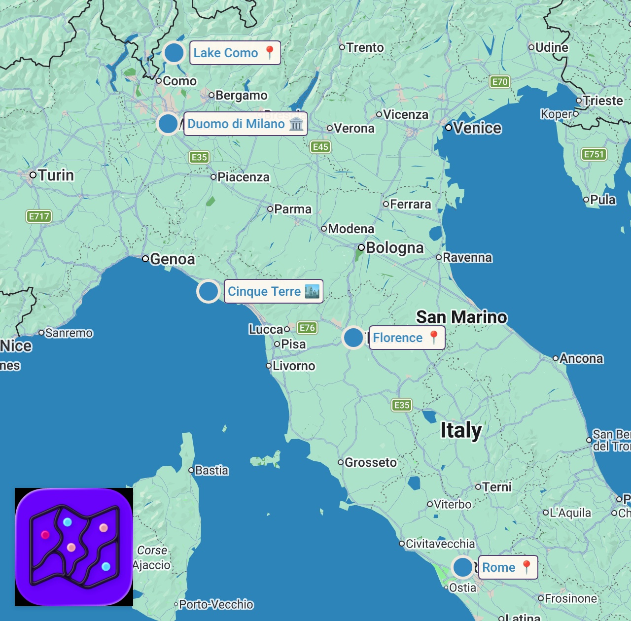 Map of 5 spots from 10 days in Italy | Rome, Florence, Cinque Terre & Lake Como ♡
