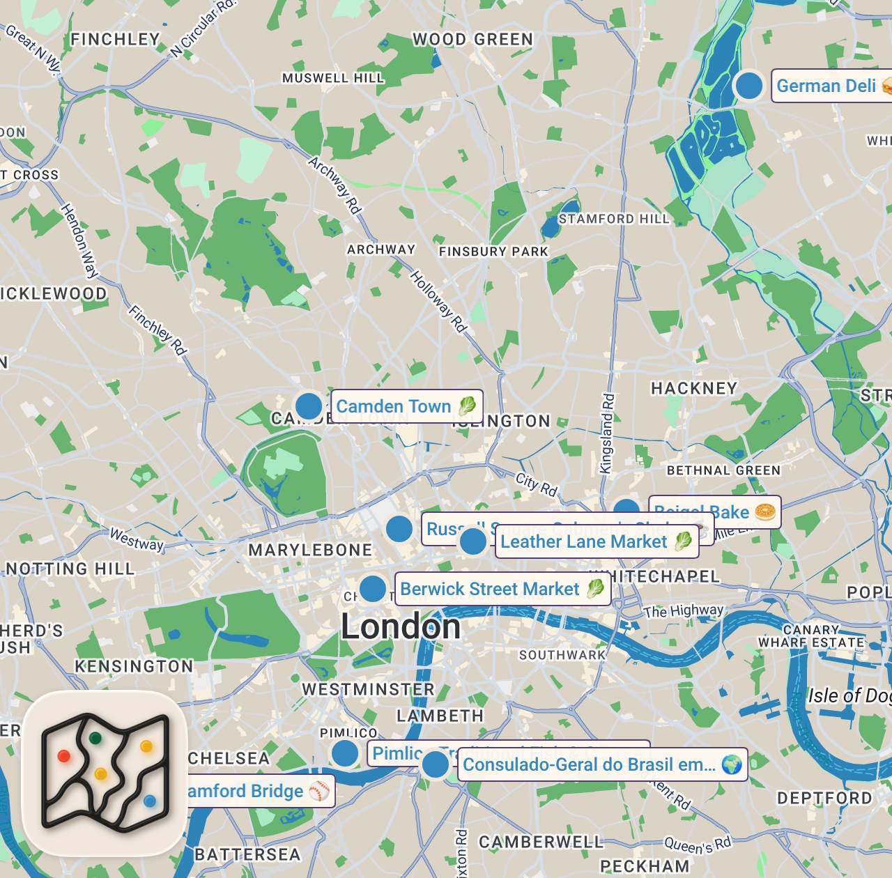 Map of 11 spots from American Eats Only British Street Food for 50 Hours