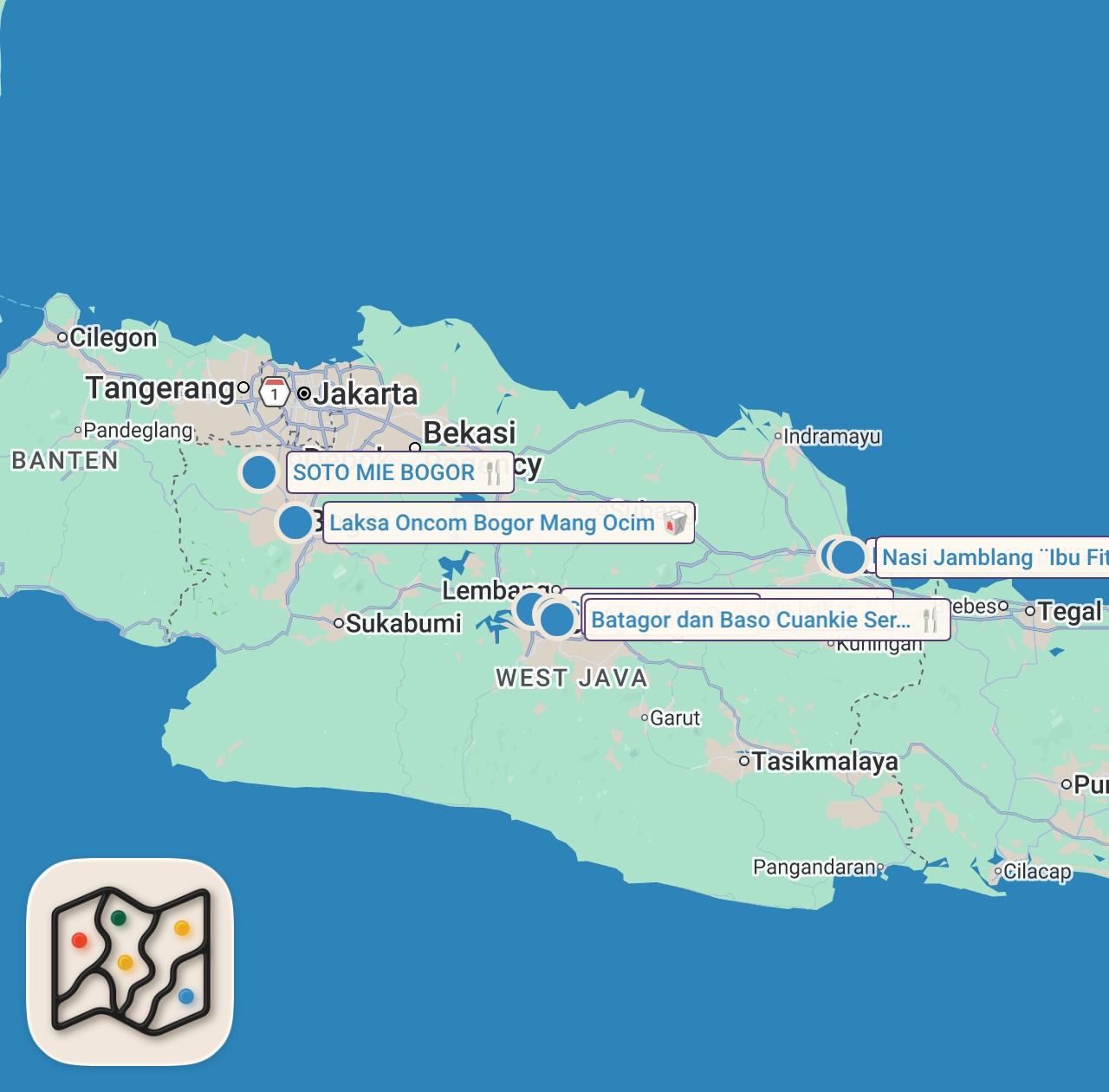 Map preview for 45 MUST TRY Indonesian foods - LAKSA Bogor + BANDUNG Noodles + Sundanese BBQ + CIREBON Fried Chicken