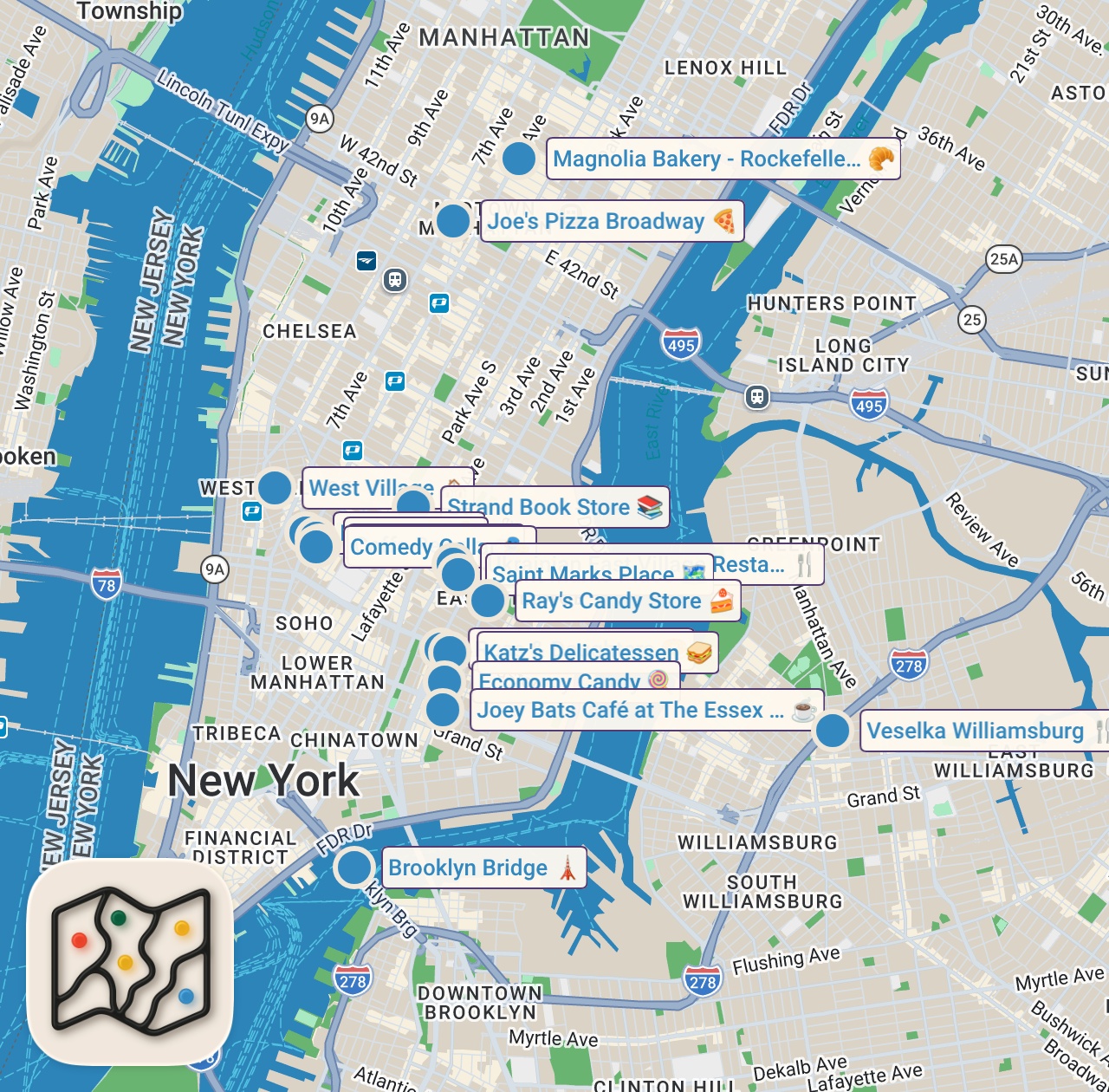 Map of 17 spots from I Went to 10 of NYC's Most Famous Spots in One Day