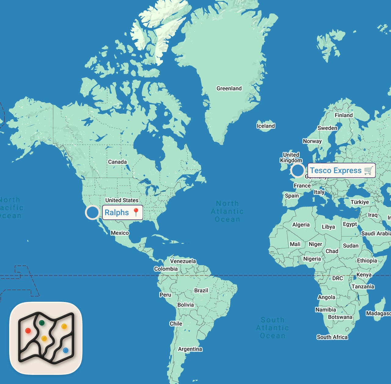 Map of 2 spots from USA vs UK Grocery Store