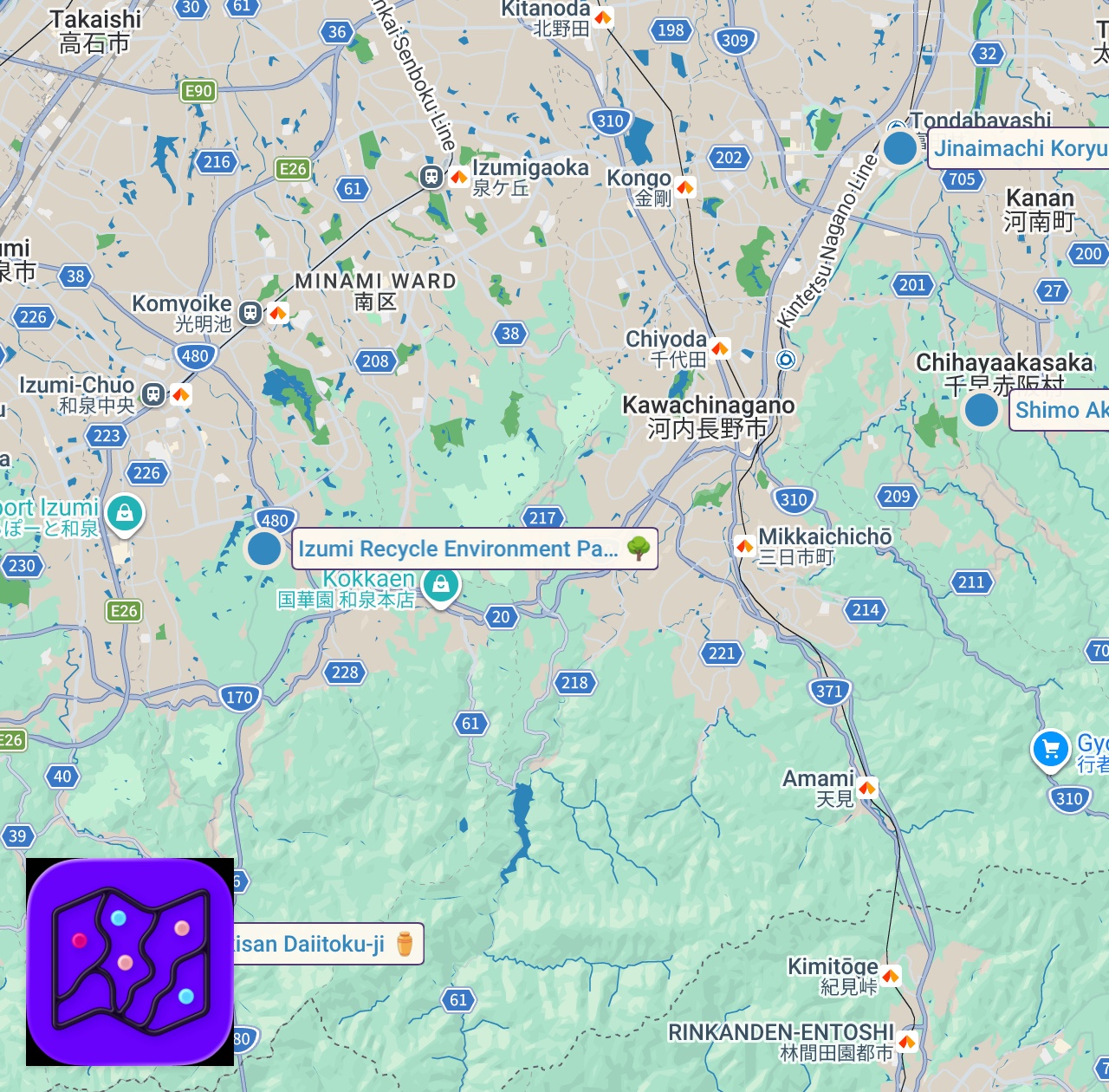 Map of 4 spots from 【関西・穴場】大阪から１時間！こんな絶景があったとは・・・日本の原風景と神秘の滝など日帰りドライブ