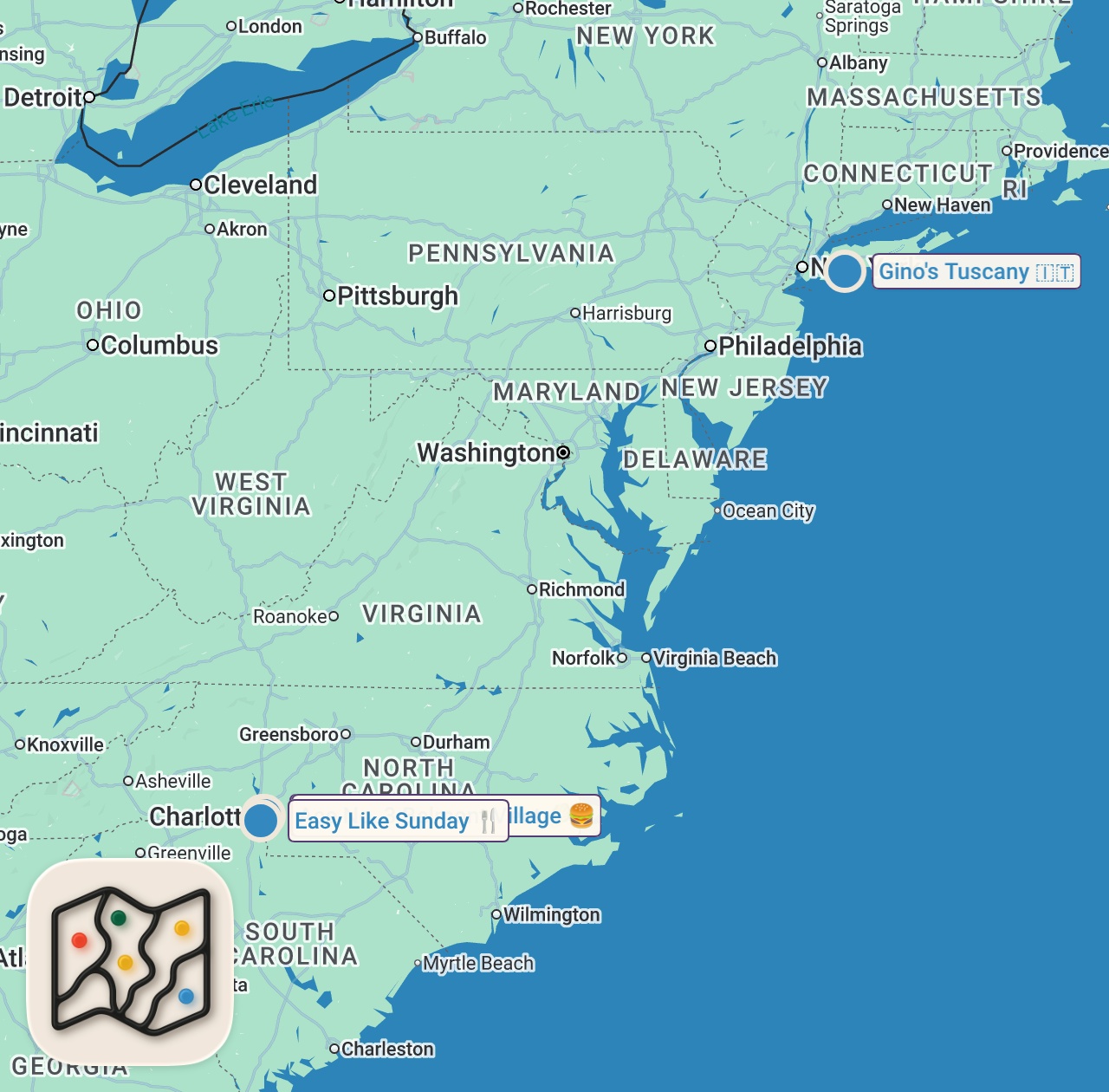 Map preview for I Let My Subscribers Decide Where I Eat For 24 Hours (North Carolina)