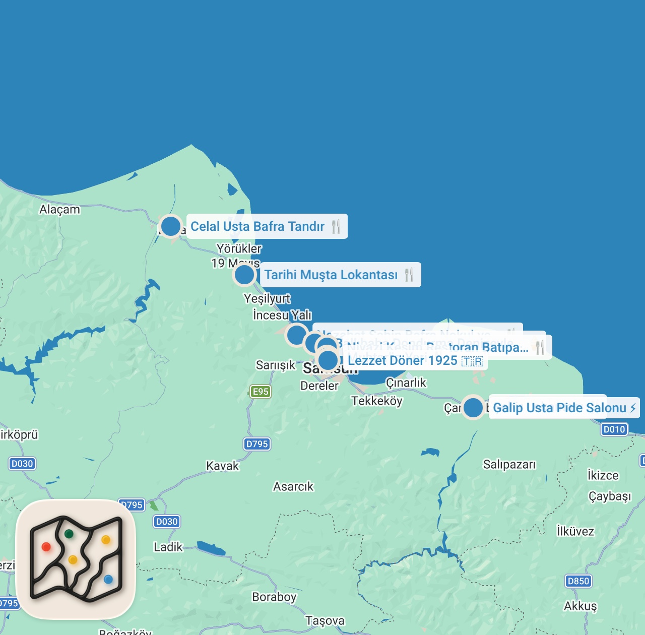 Map preview for SAMSUN LEZZET REHBERİ (Bafra pidesi, Çakallı menemeni, Samsun döneri, nokul) - Ayaküstü Lezzetler