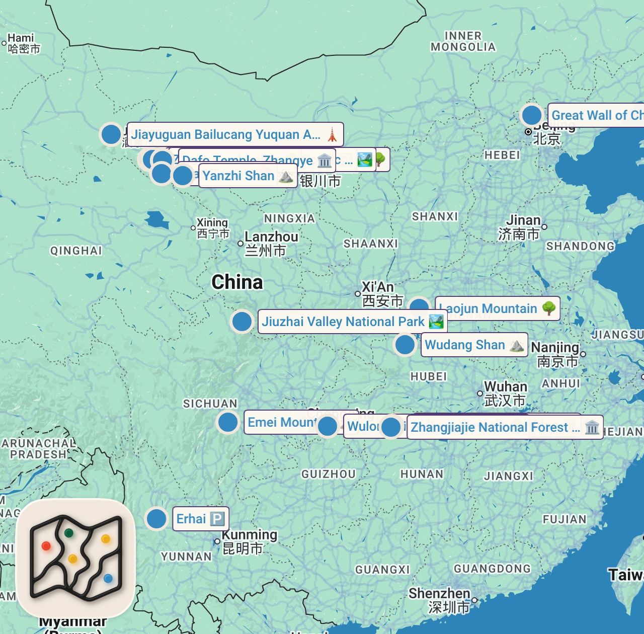 Map of 18 spots from CHINA: 10 of the Most Beautiful Places to Visit at All Prices | 4K Travel Guide