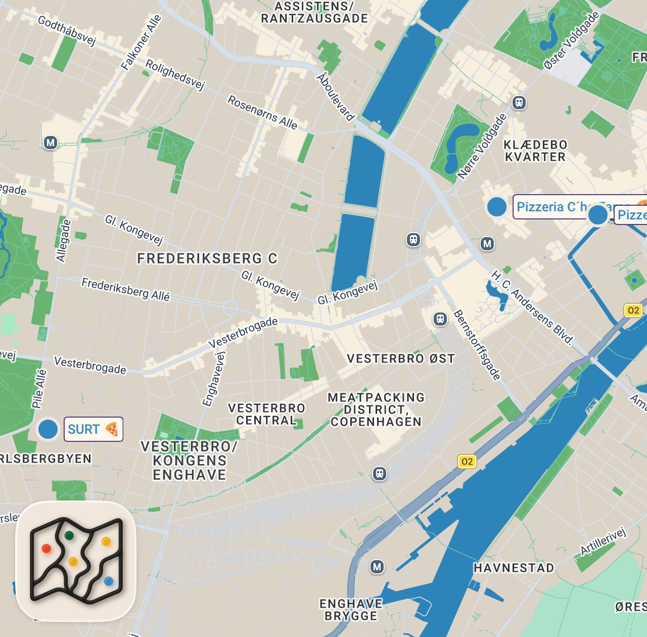 Map of 3 spots from Top 3 BEDST RATEDE pizzeriaer i København! En af dem er nu på min top 3 liste over bedste pizzaer 🍕