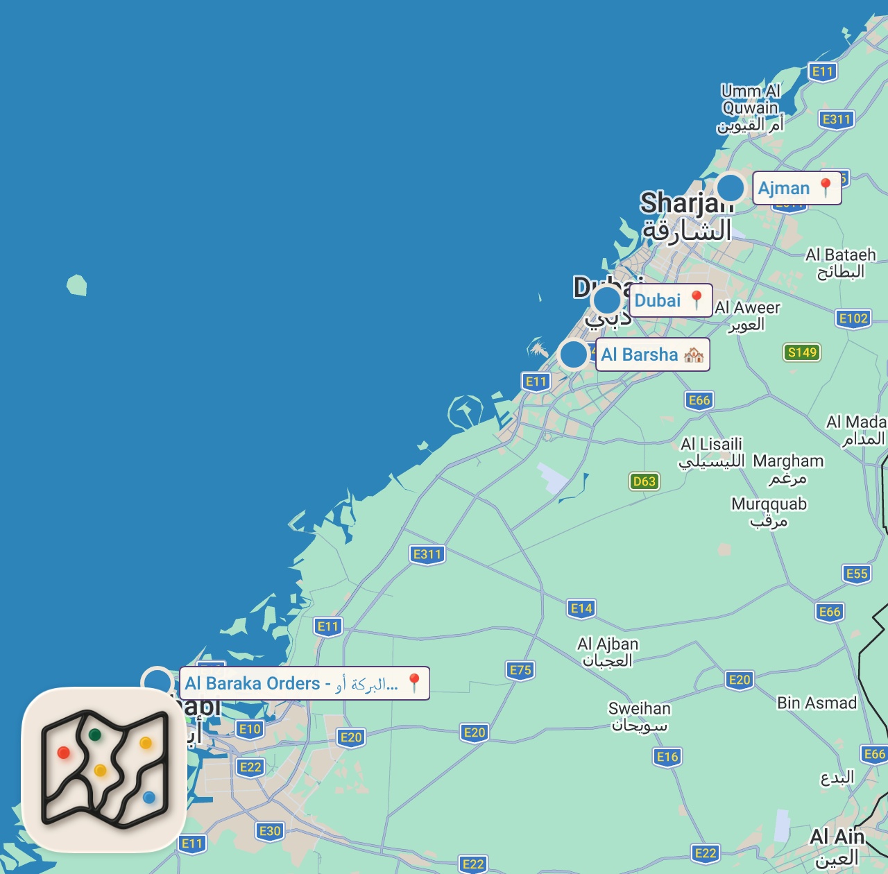 Map of 4 spots from إزاي تسافر الإمارات بسهولة: التأشيرة، المصاريف، وأرخص طيران
