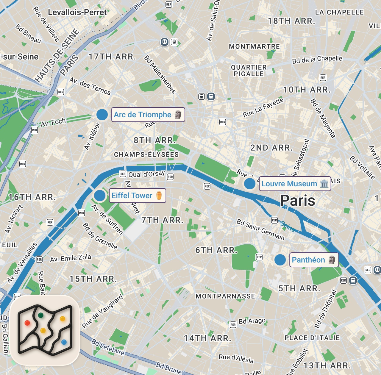 Map of 4 spots from The 18 Best Things to Do in Paris (By a Travel Expert) 🇫🇷