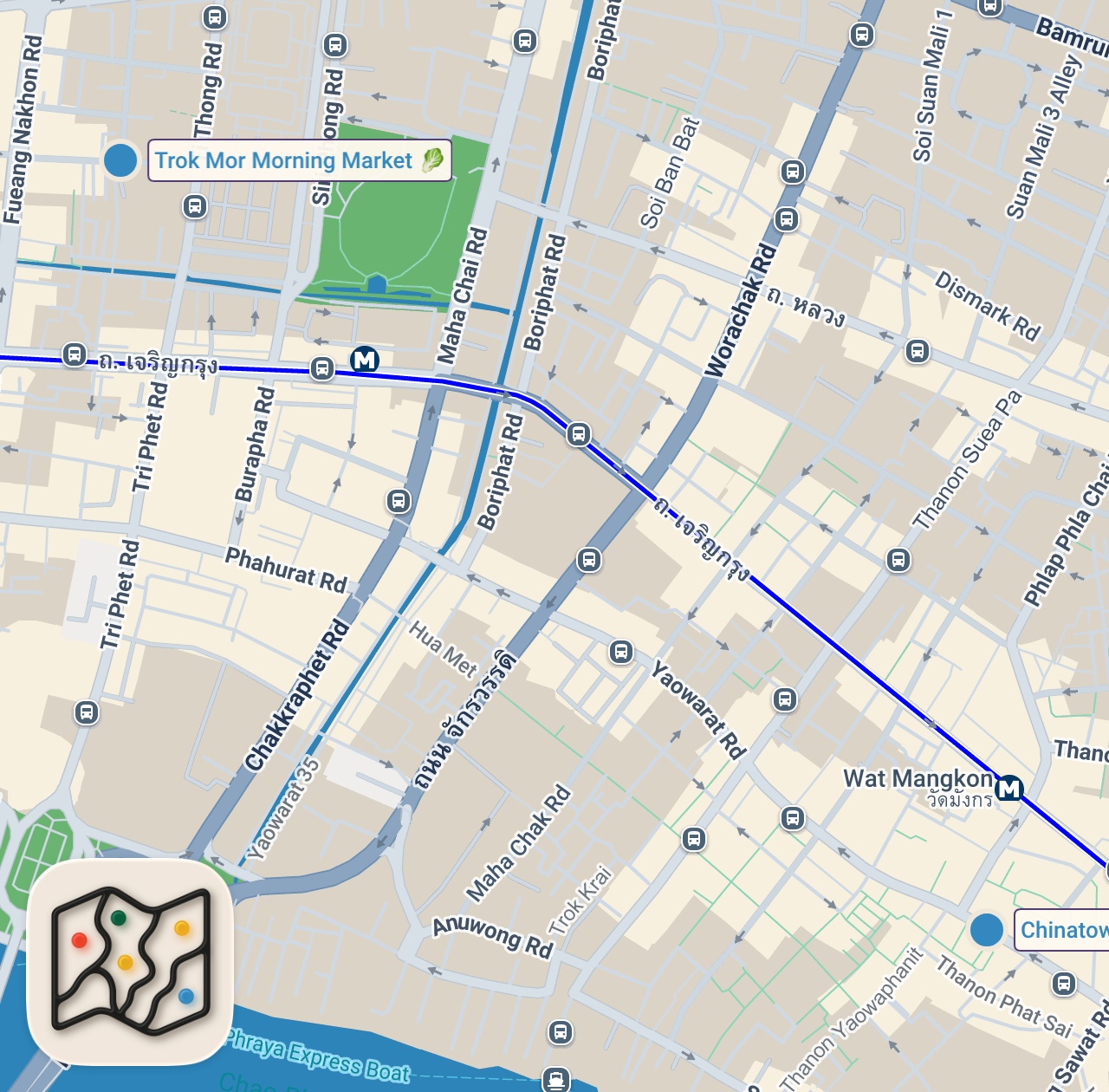 Map of 2 spots from 24 Hour Thai Street Food Challenge in Bangkok | Epic Food Journeys with Mark Wiens | Nat Geo