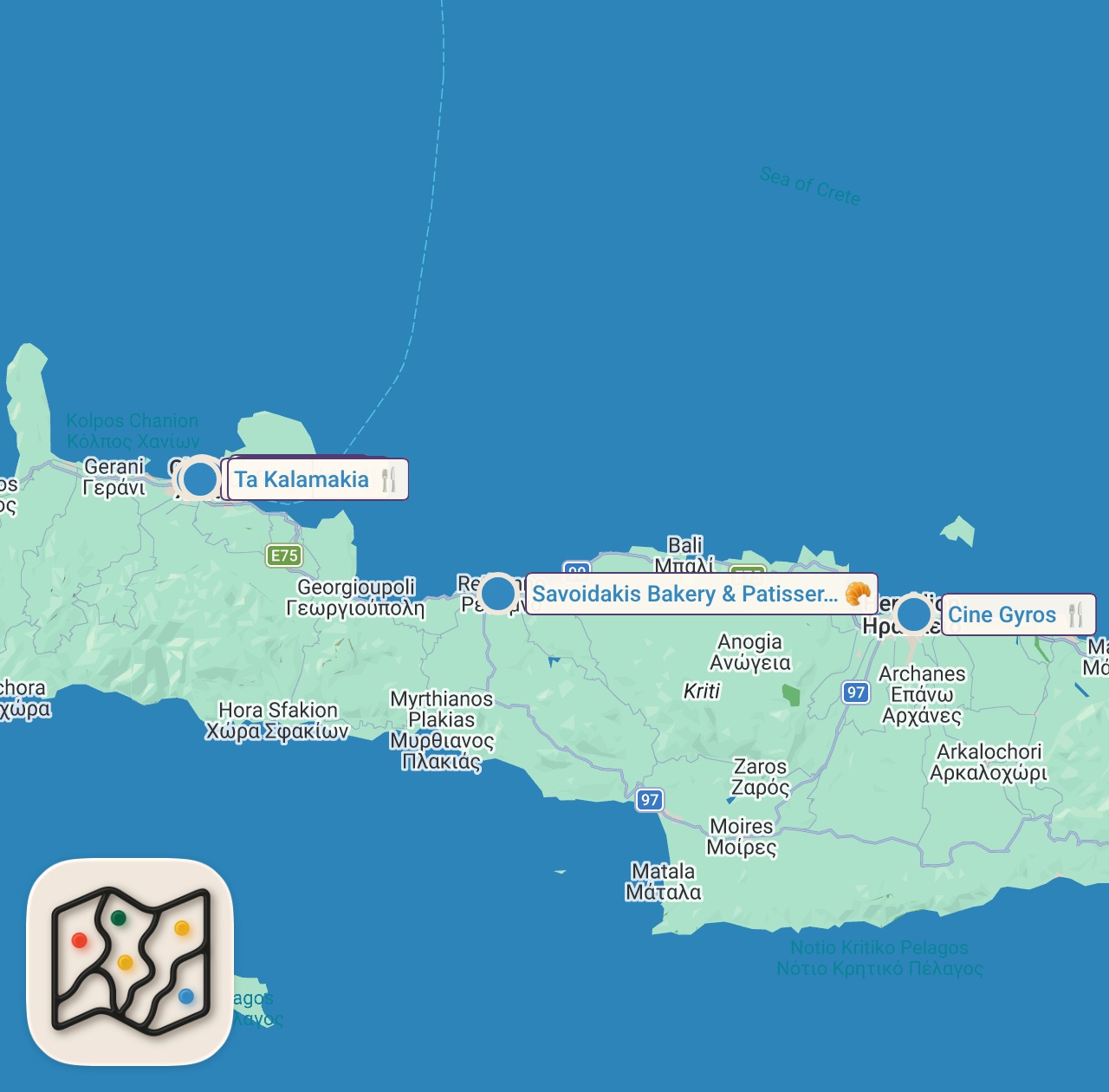 Map preview for GREEK FOOD In CRETE - Huge GYROS & Insane Baklava Desserts 🇬🇷