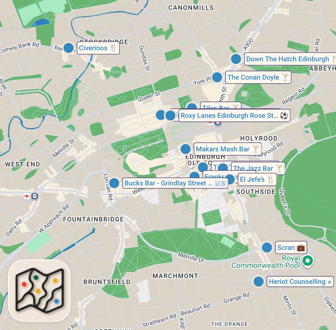 Map of 15 spots from EDINBURGH BEST FOOD AND DRINK GUIDE