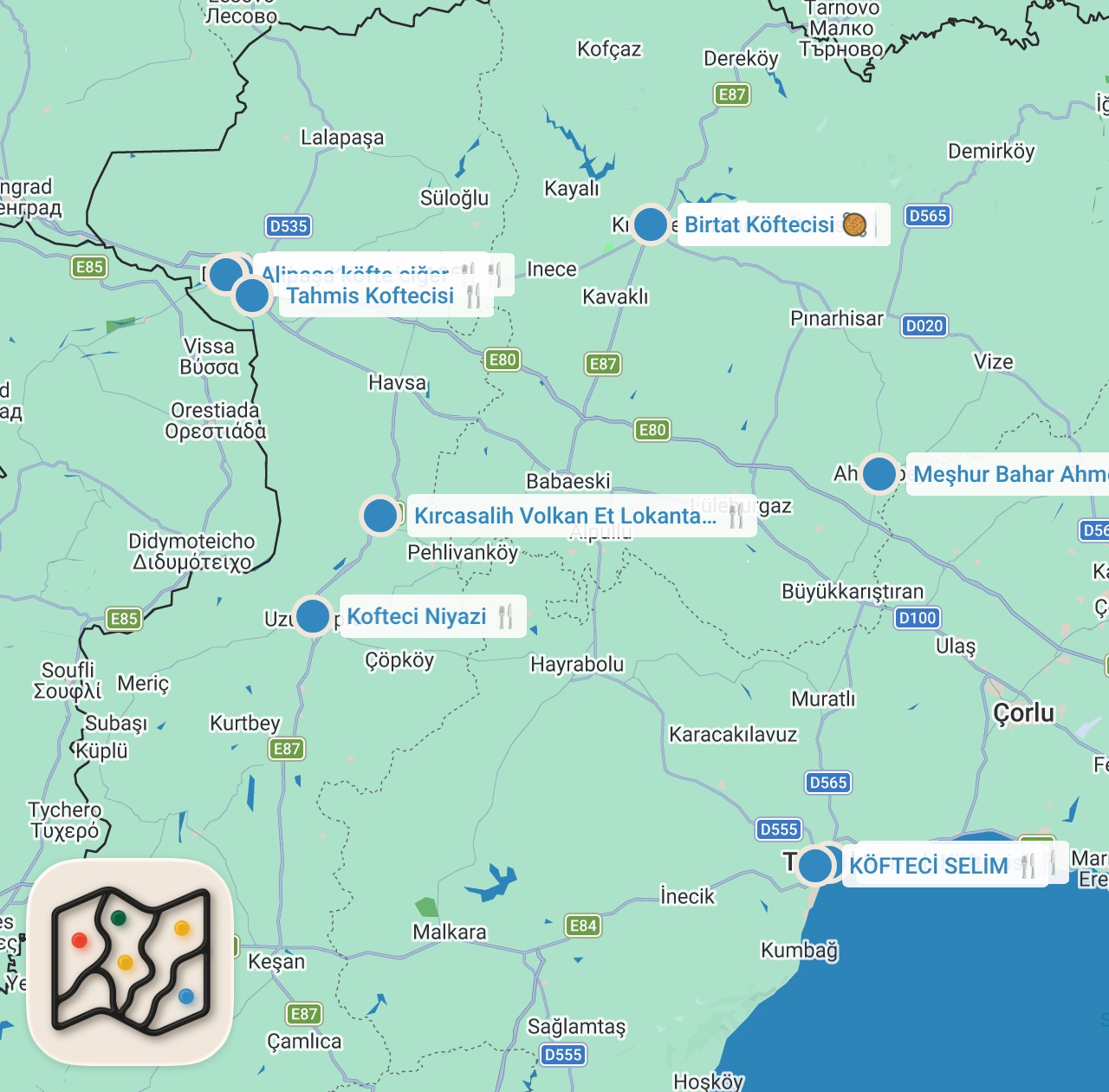 Map preview for TRAKYA KÖFTE ROTASI (Türkiye'nin en lezzetli köfteleri) - Ayaküstü Lezzetler