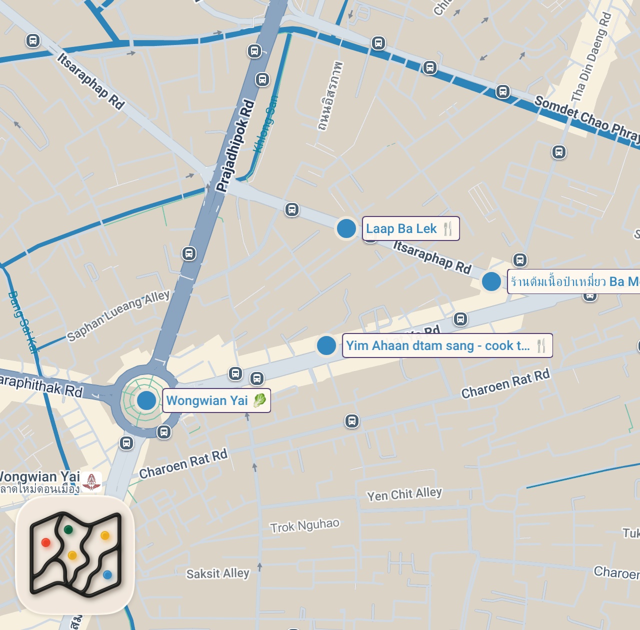 Map of 4 spots from Bangkok Street Food - $2 SPICY SQUID!! | Real Local Thai Food!