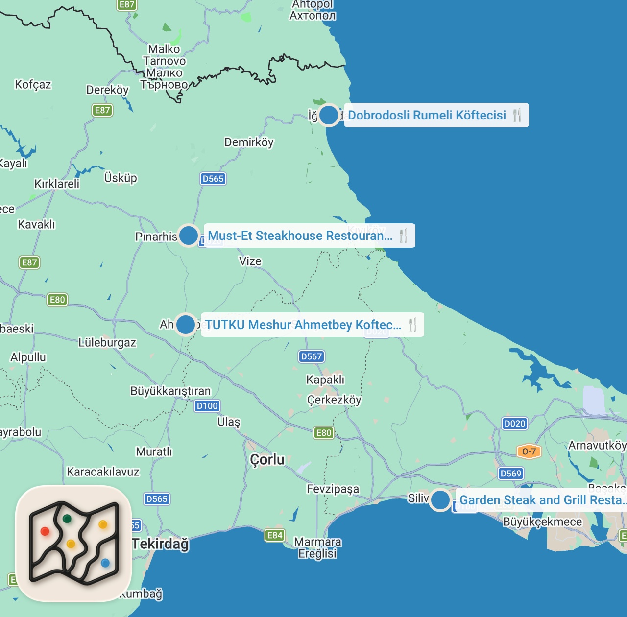 Map preview for TRAKYA KÖFTE ROTASI (Yola çıkmaya değer köfteler) - Ayaküstü Lezzetler