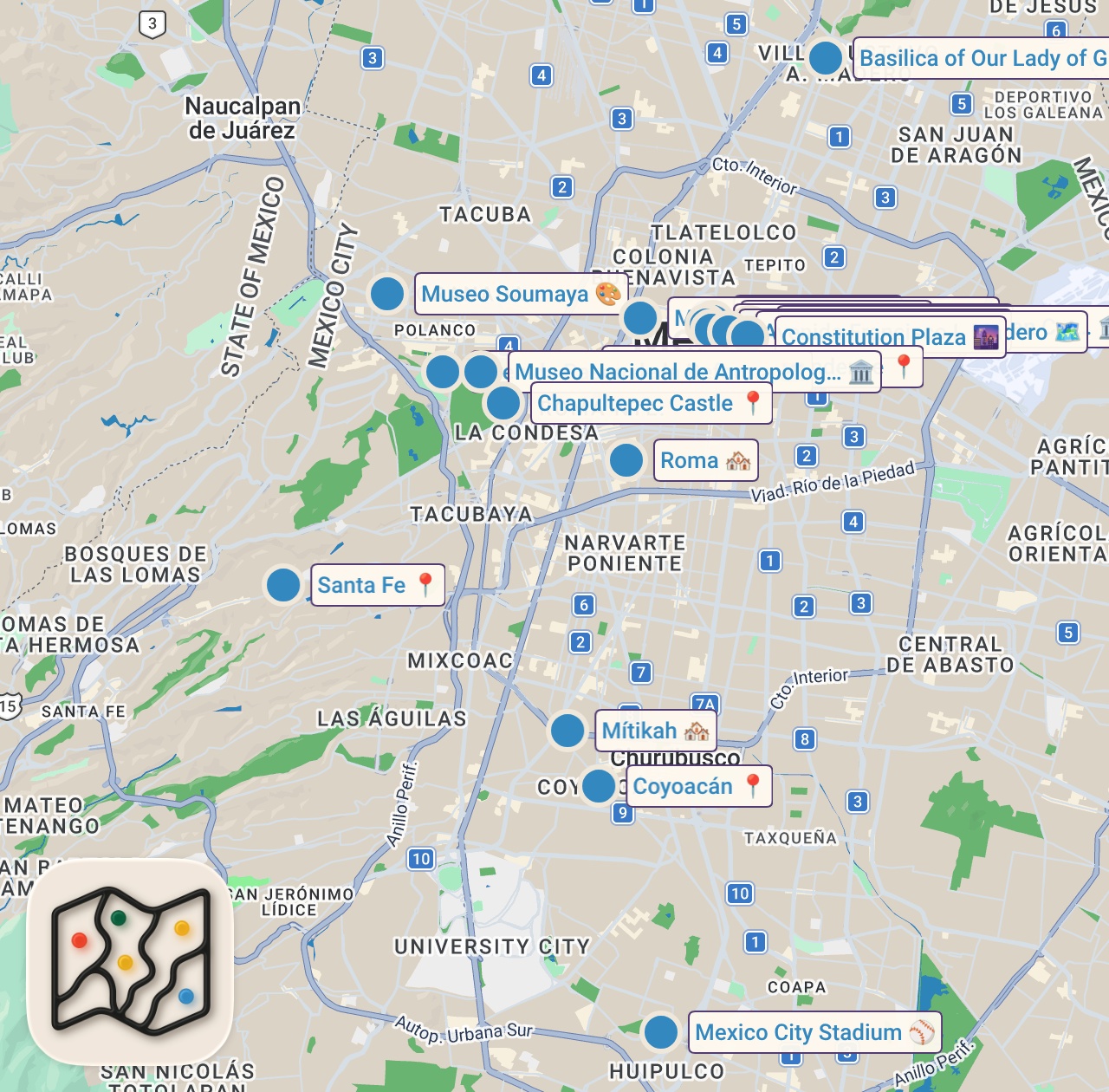 Map of 21 spots from Best Things To Do in Mexico City 4K