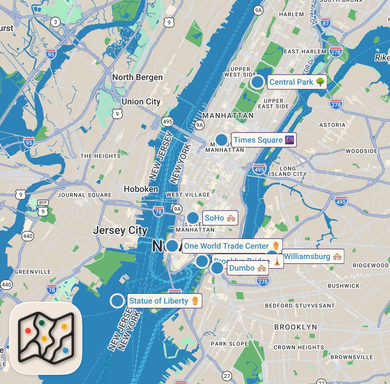 Map of 8 spots from NEW YORK CITY Reise Vlog 2026 | Alle Sehenswürdigkeiten | Tipps  | Urlaub | Highlights | Doku | 4K