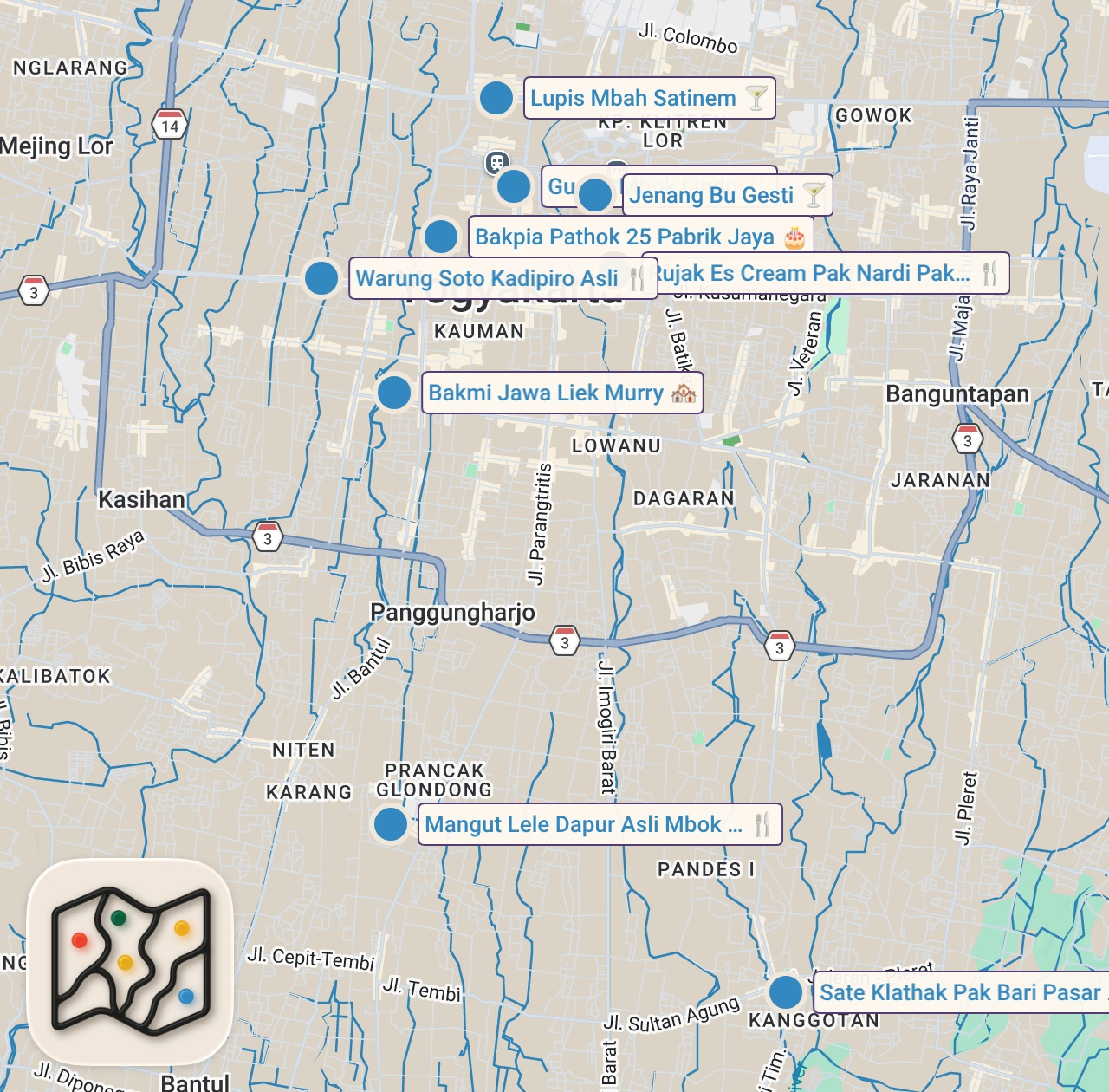 Map preview for Indonesian Street Food Heaven 🇮🇩 11 Must Try Dishes in YOGYAKARTA, Indonesia