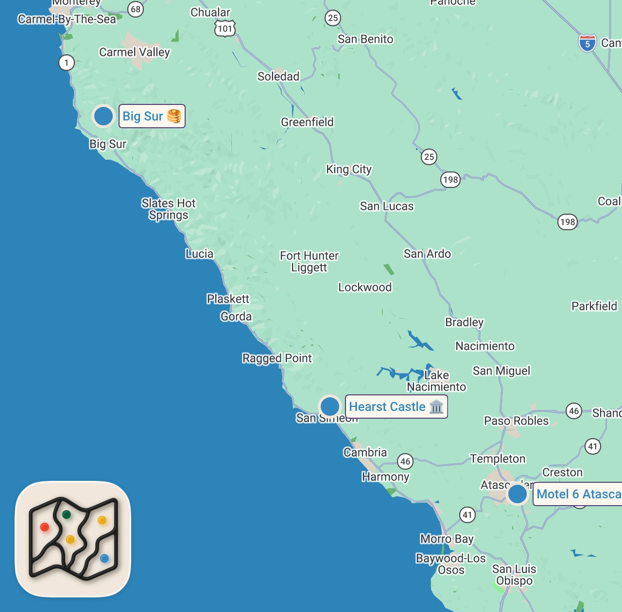 Map of 3 spots from LOST IN BIG SUR!!! (Day 3)