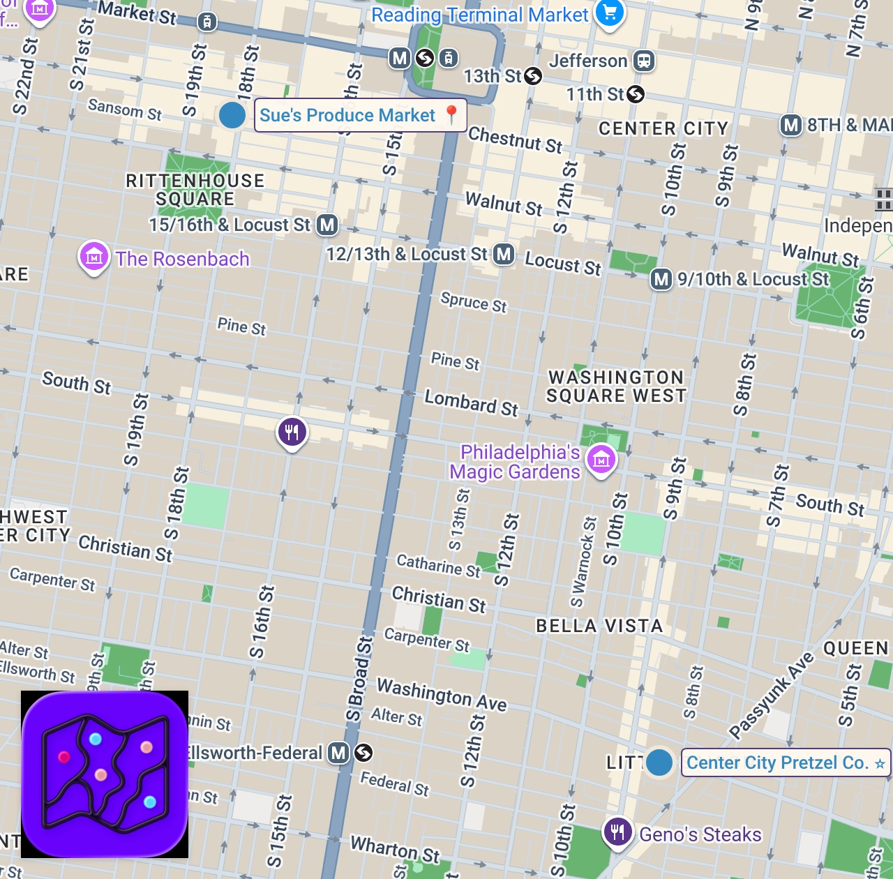 Map of 2 spots from Bulgogi Cheesesteak (And More Delicious Korean Bites) - Sue's Produce Market & Deli