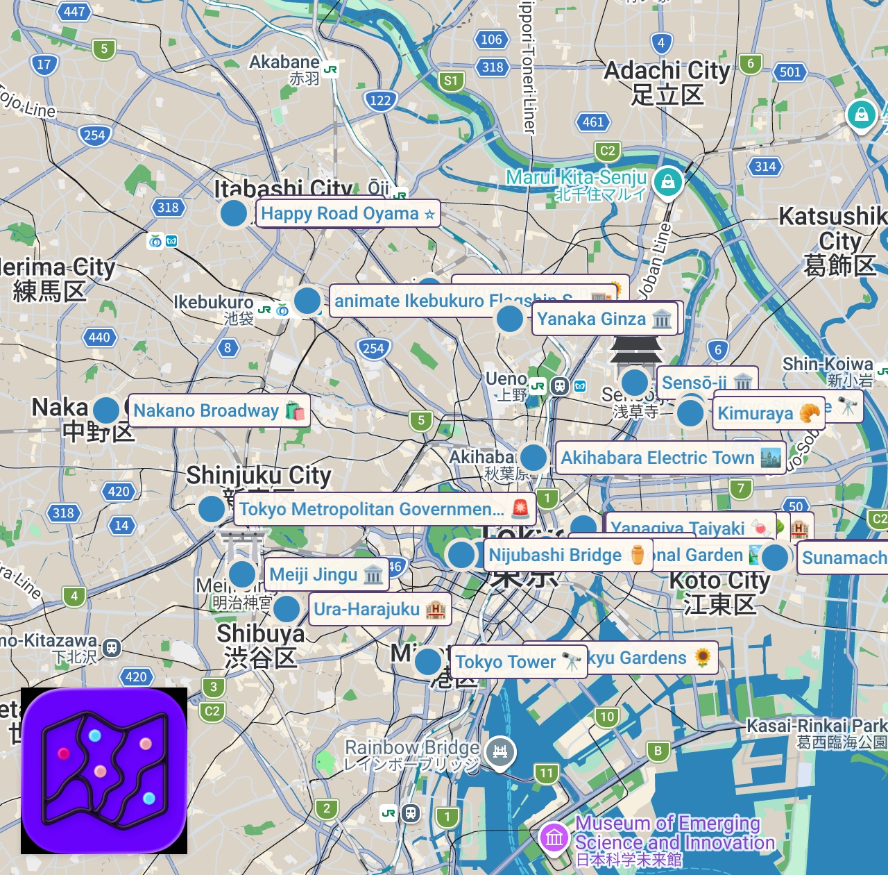 Map of 35 spots from Tokyo Uncovered: Insider's Guide to the Best Hidden Gems
