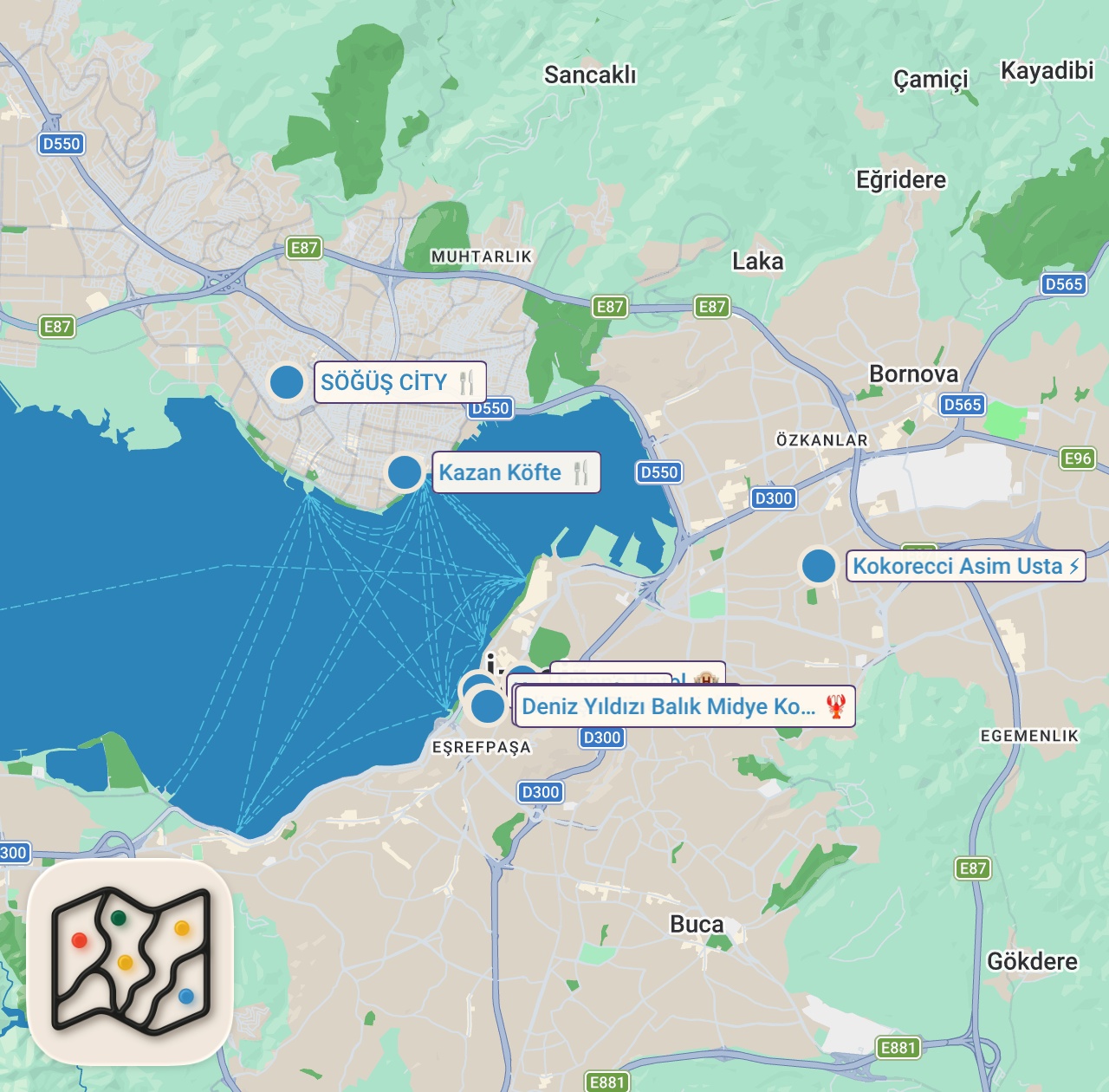 Map of 7 spots from İZMİR SOKAK LEZZETLERİ!!! @Showyasin