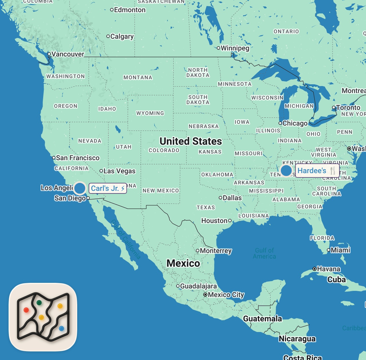 Map of 2 spots from Eating at Carl's Jr vs Hardee's... What's The Difference?