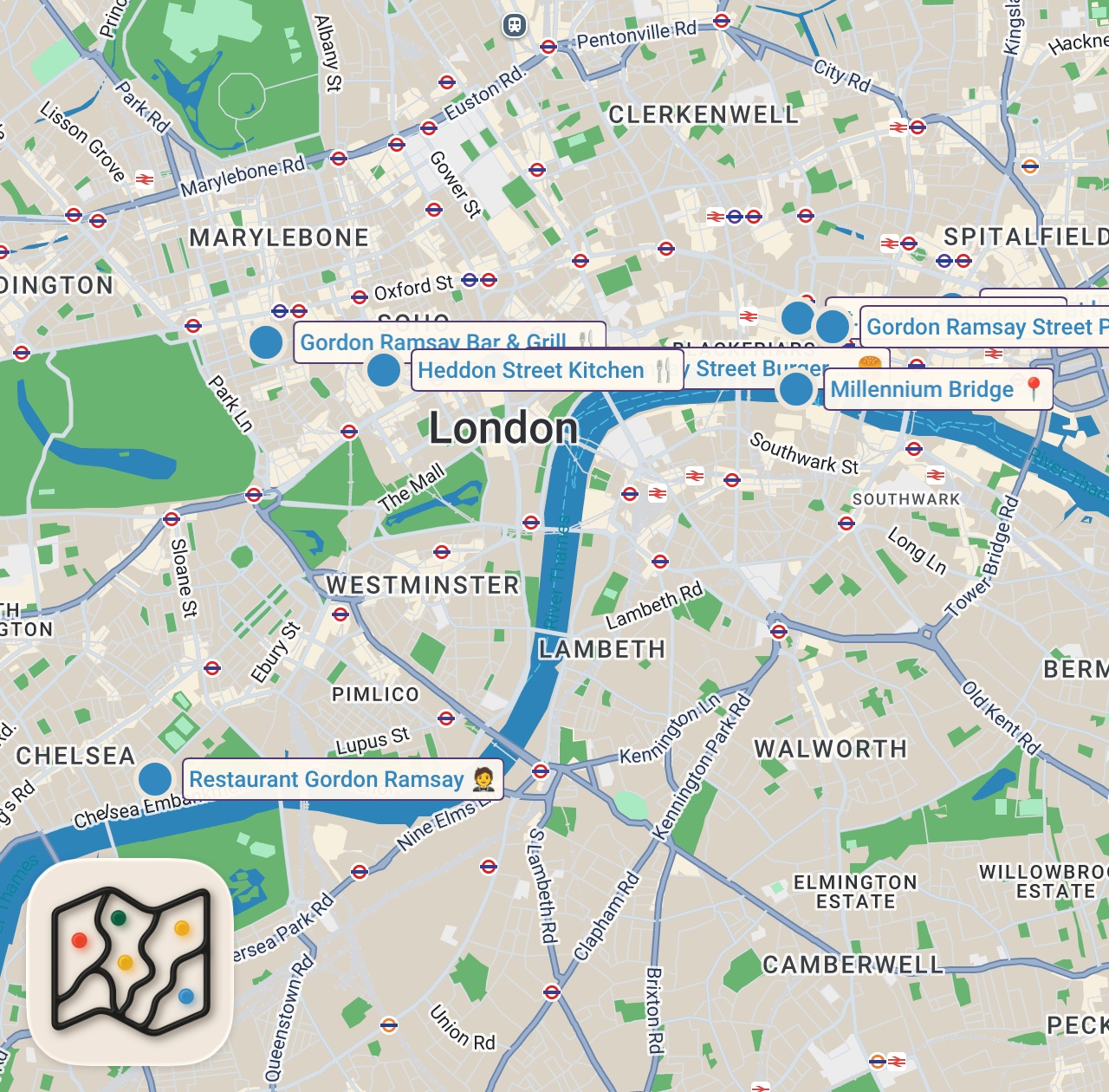 Map of 8 spots from I Tried Every Gordon Ramsay Restaurant