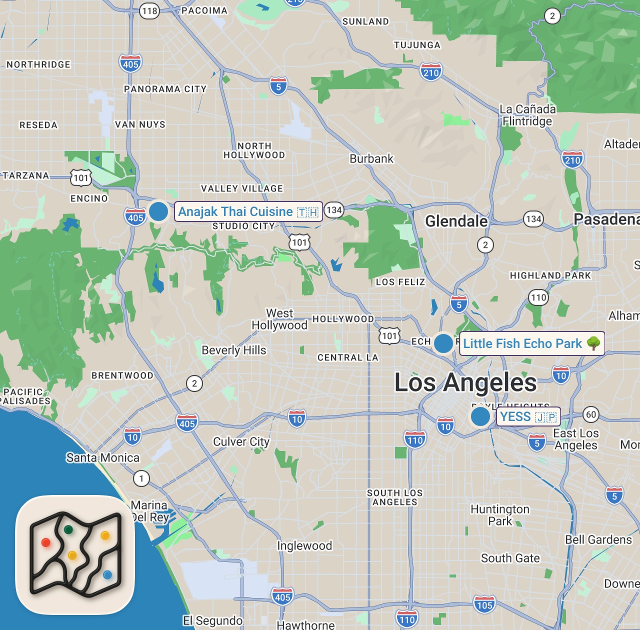 Map preview for SHAVED ICE, FISH SANDWICHES & ALLEYWAY WINE | LA FOOD TOUR PART 1