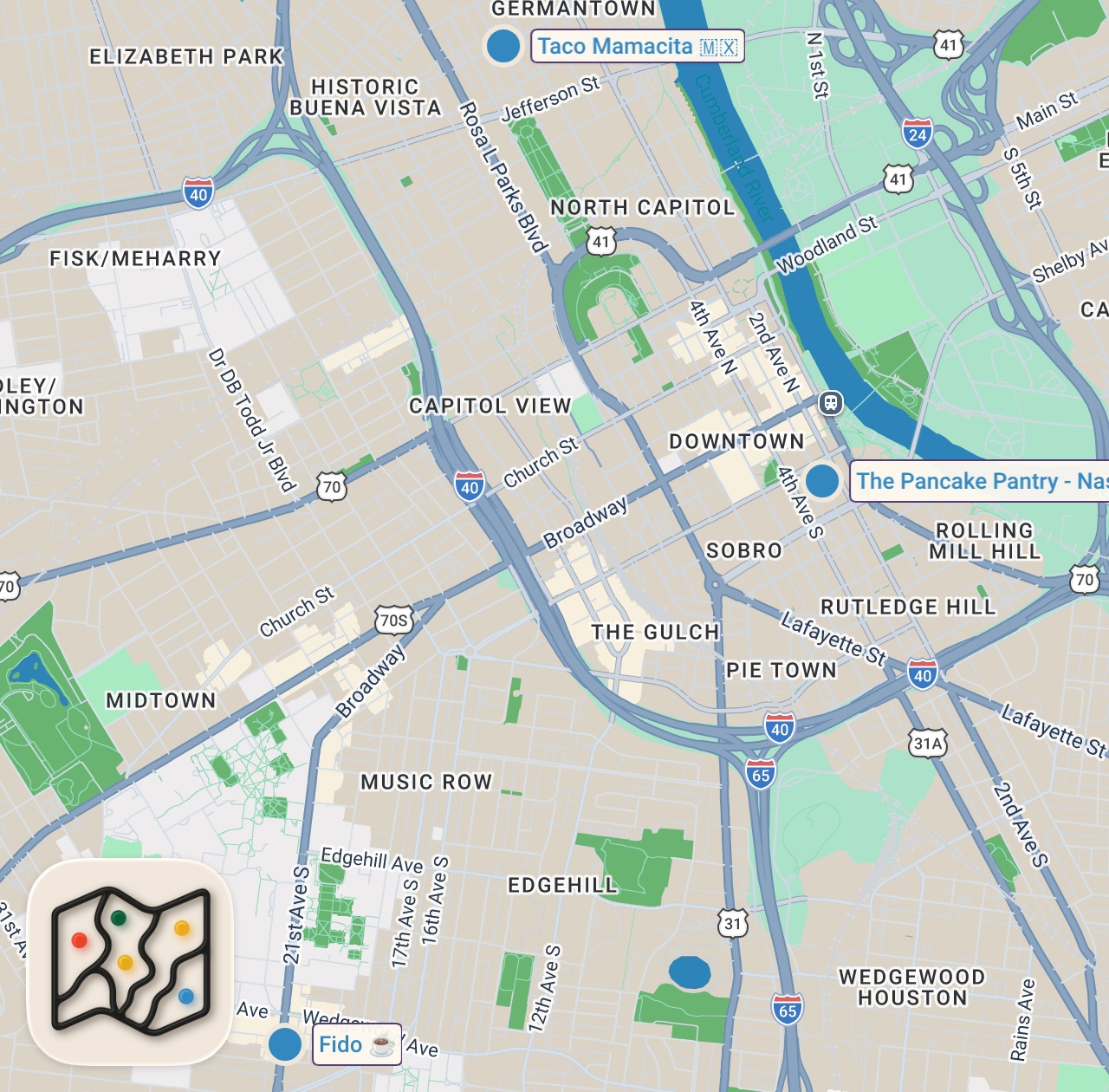 Map of 3 spots from Eating at Taylor Swift's FAVORITE Nashville Restaurants