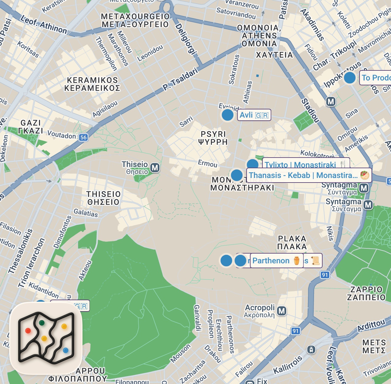 Map of 7 spots from WHERE TO EAT THE BEST FOOD IN ATHENS