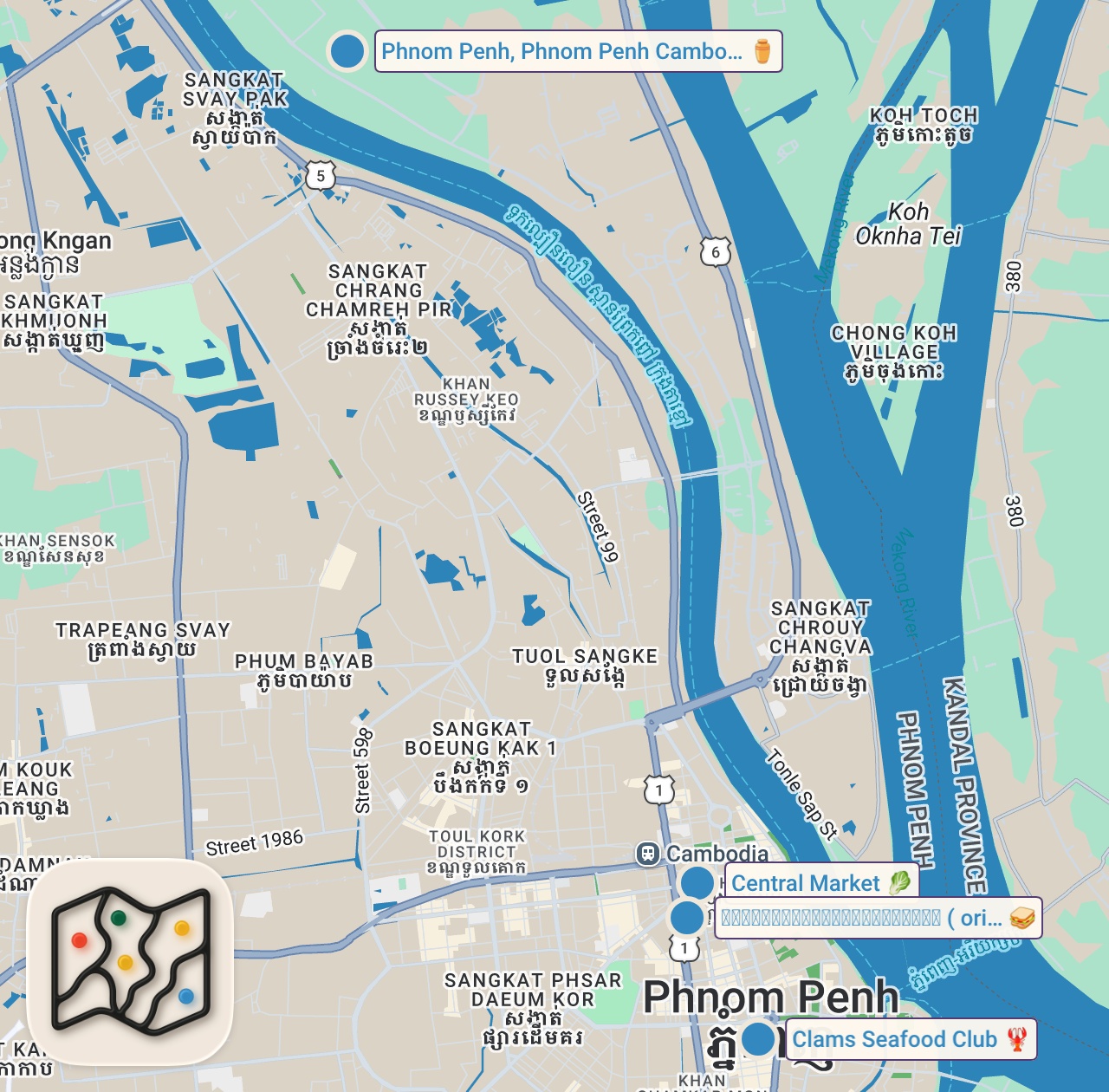 Map of 4 spots from Eating Everything I Can Chew In The Craziest Market In Phnom Penh, Cambodia 🇰🇭