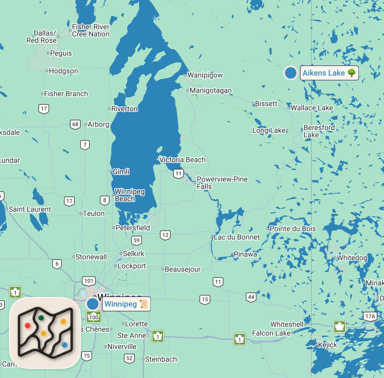 Map of 2 spots from OFF THE GRID IN CANADA | Manitoba Travel Vlog