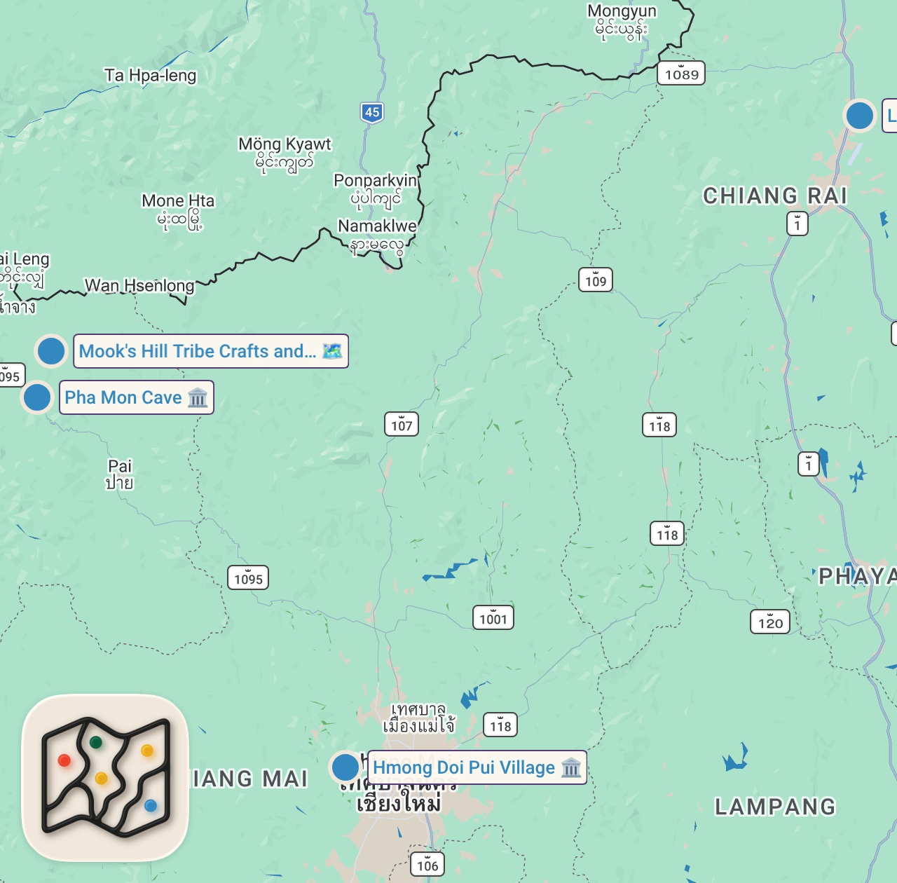 Map of 4 spots from Thailand Hill Tribe Food!! UNIQUE MOUNTAIN FOOD of Karen People!