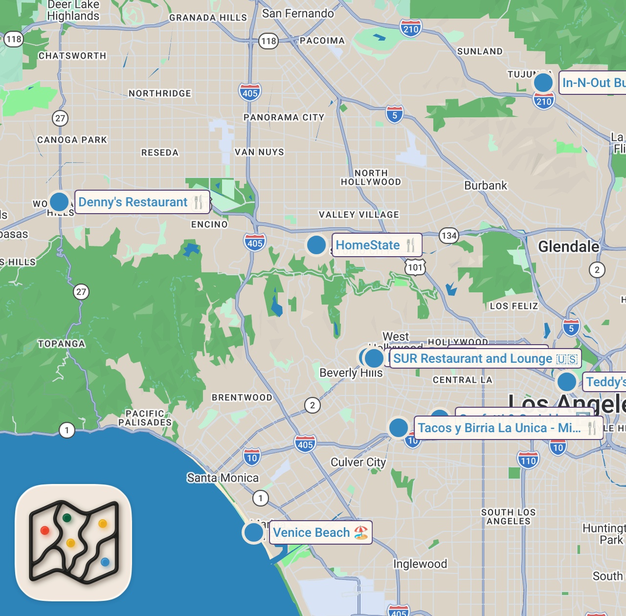 Map of 10 spots from ALL THE BEST FOOD SPOTS IN LA (PART 1)