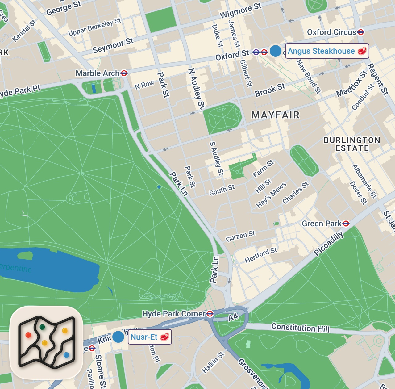 Map of 2 spots from Eating at London’s Worst Steakhouses