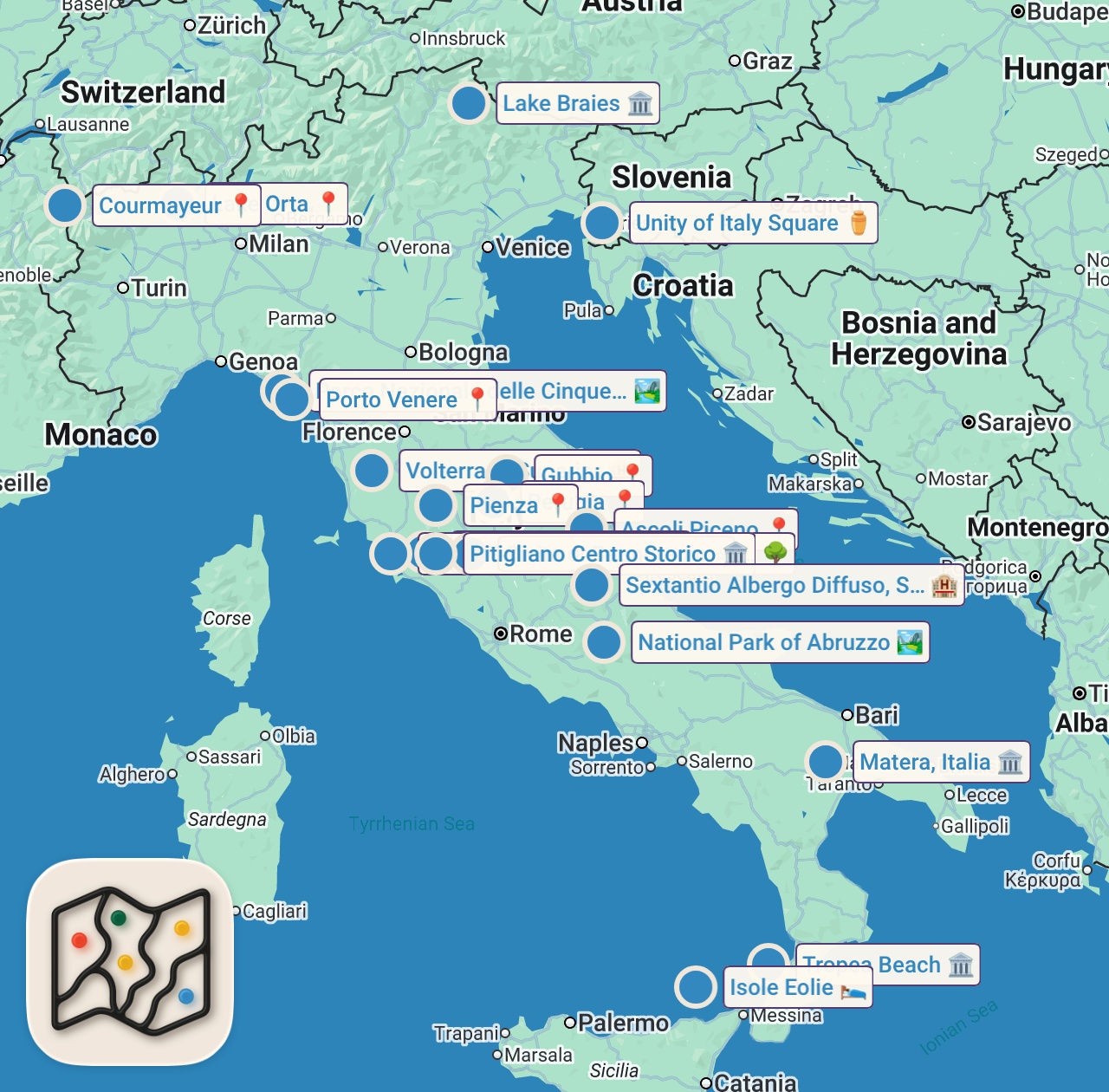 Map of 33 spots from I 100 Luoghi Più Belli d'Italia | 4K Guida di Viaggio