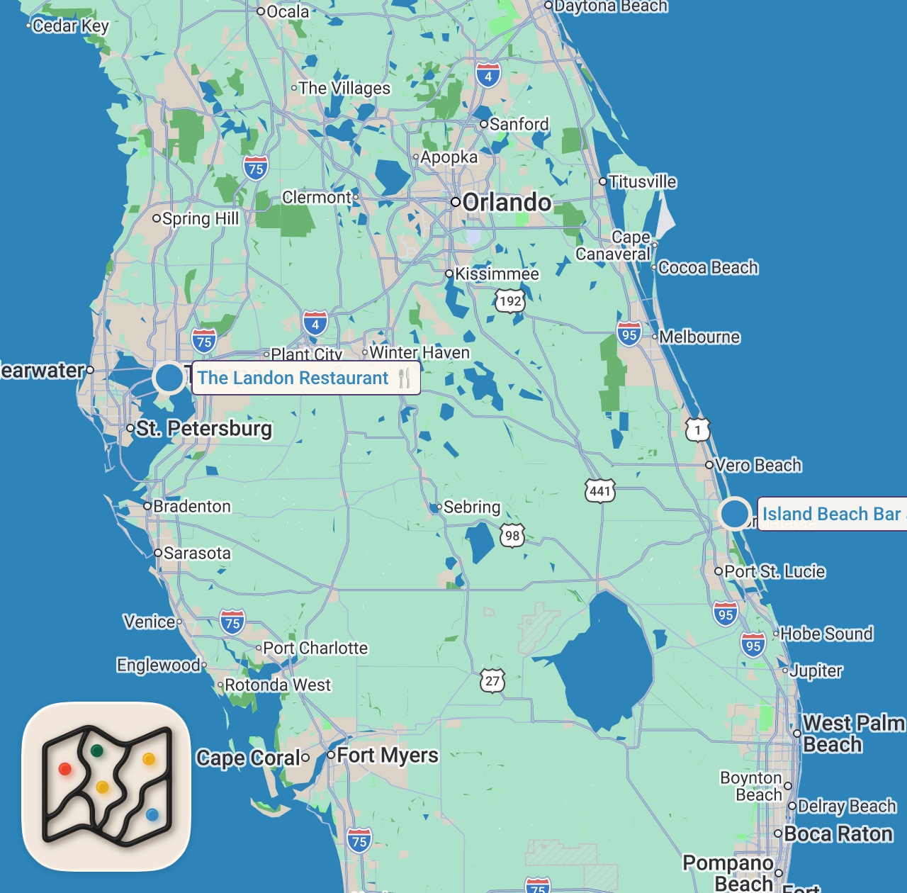 Map of 2 spots from Eating At SKETCHY Restaurants For 24 Hours...(Florida)