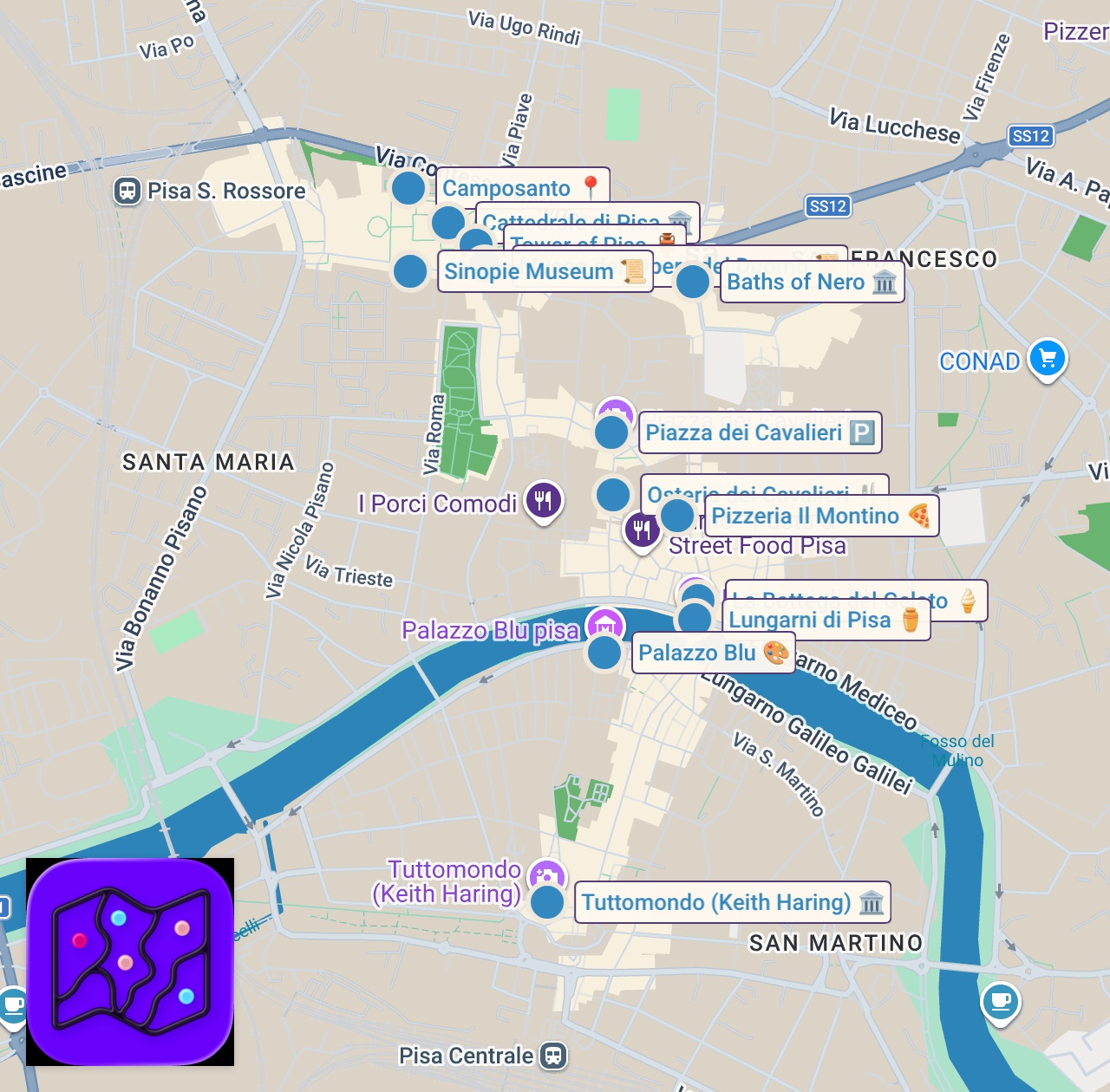 Map of 15 spots from Florence to Pisa Day Trip, ITALY 2026 🇮🇹 16 MUST-DO Things PLUS Itinerary + FREE Italian Phrase PDF