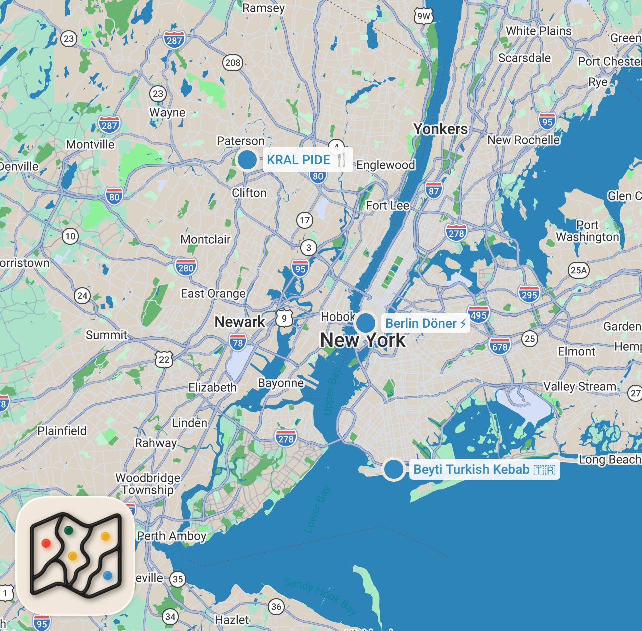 Map preview for $100 Dolar ile Amerika'da Farklı Lahmacun Turu