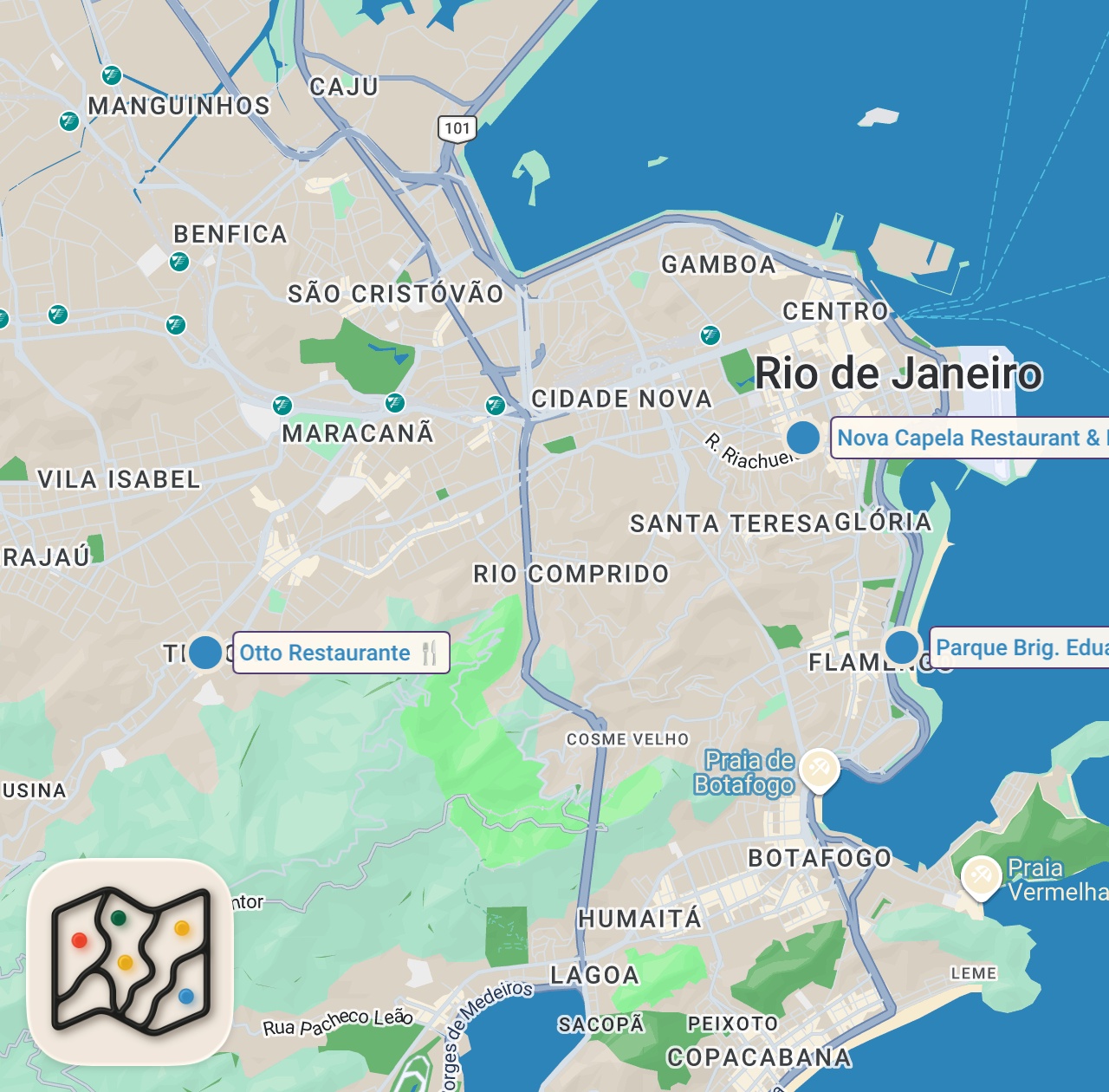 Map of 3 spots from The BEST Brazilian STEAK BBQ After Dark in Rio de Janeiro Brazil