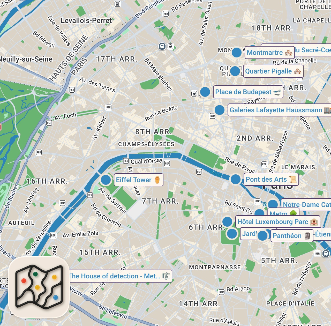 Map of 14 spots from 20 Things I Wish I Knew Before Visiting Paris 🇫🇷