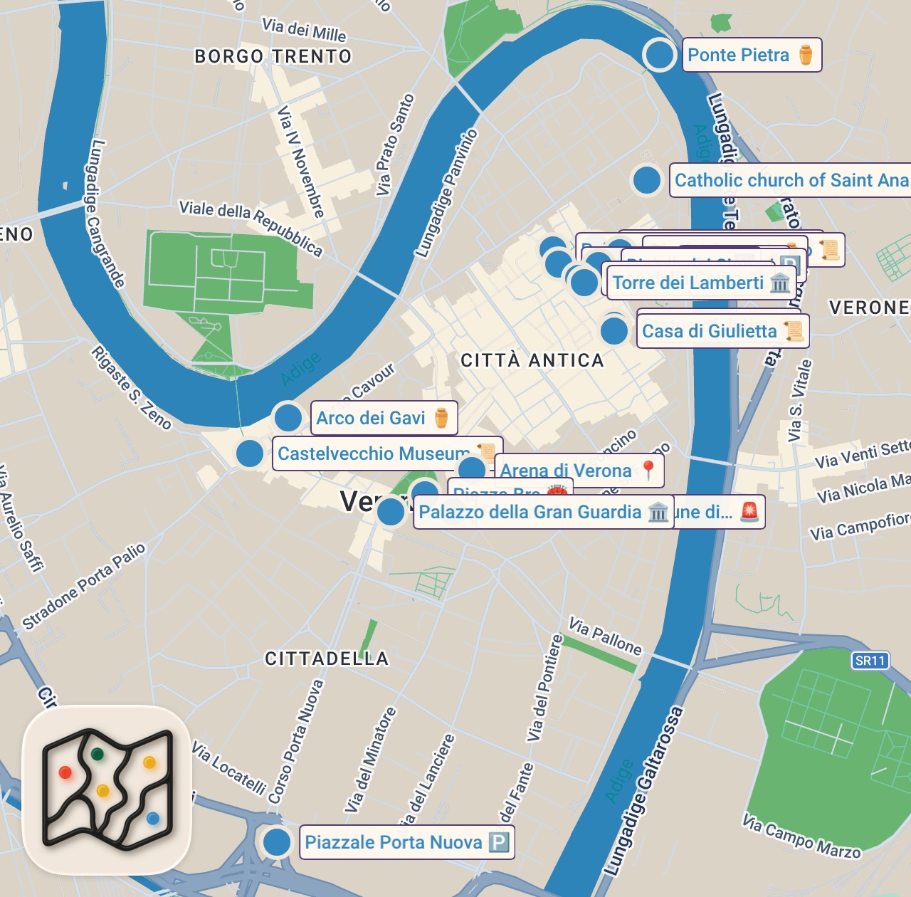 Map of 21 spots from Verona, Italy Summer Evening Walk 🇮🇹 4K Ultra HD [Binaural ASMR] 🇮🇹