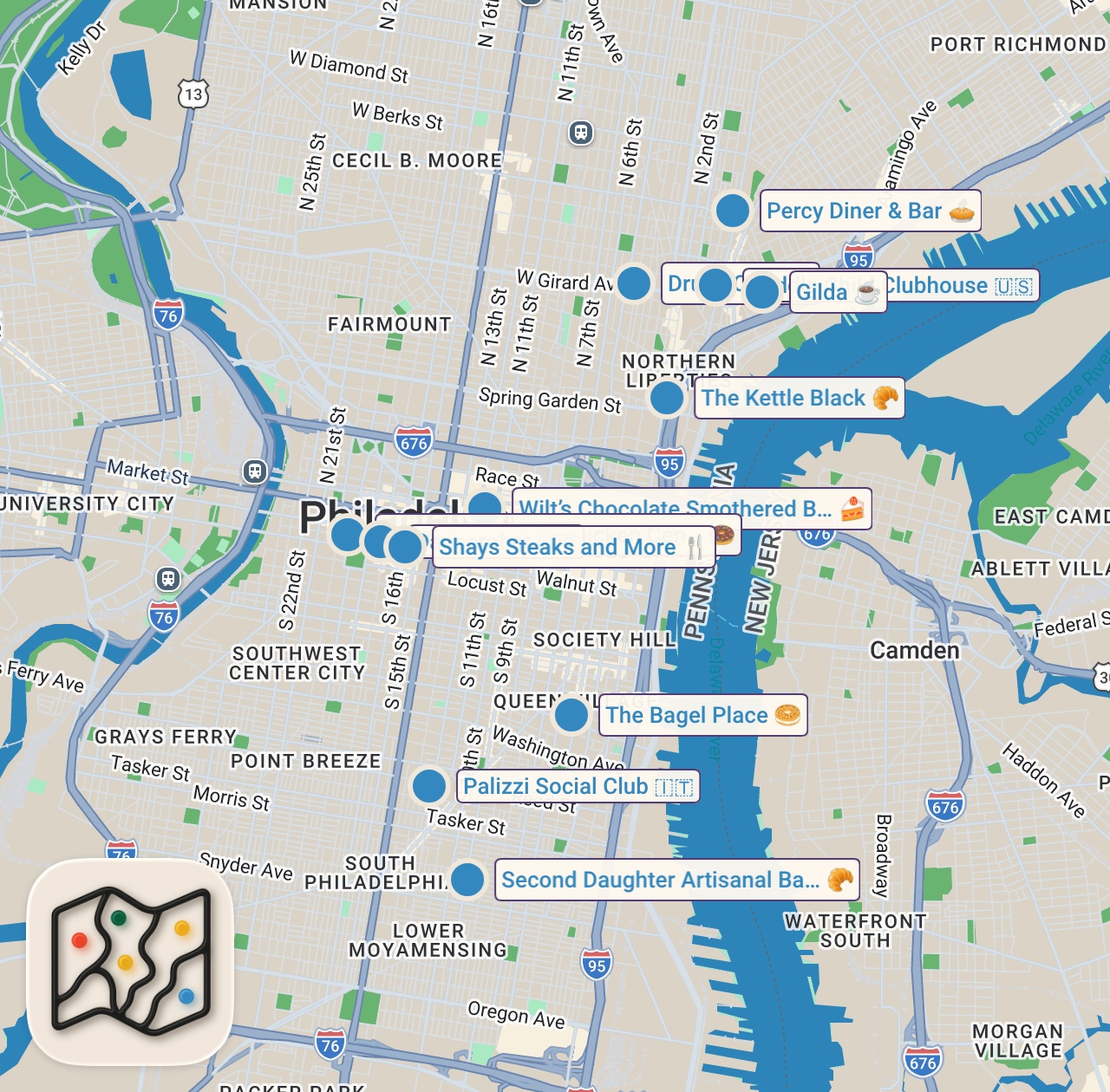 Map preview for 10 MUST EAT Restaurants in Philadelphia (food guide) | Jeremy Jacobowitz