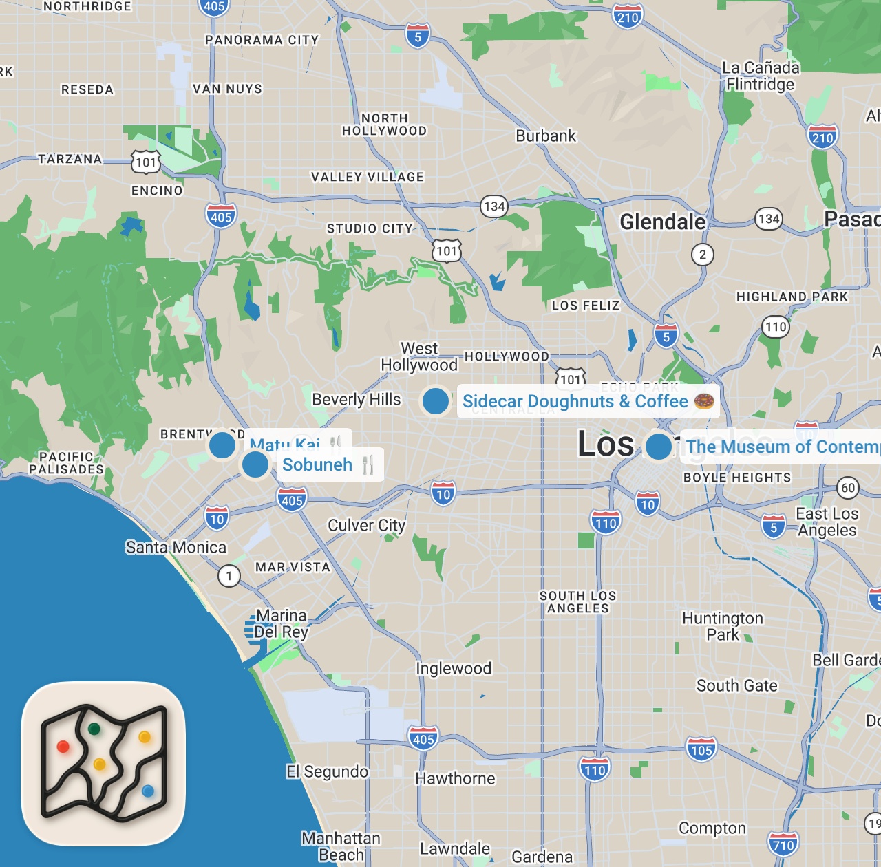 Map preview for The perfect day of eating in LOS ANGELES (all under $60)